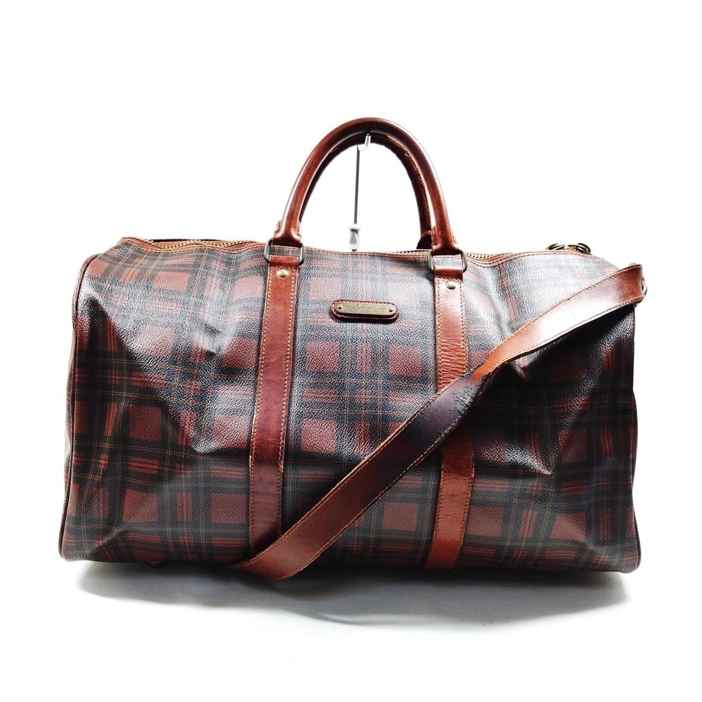 Polo Ralph Lauren Vintage‎ Plaid Duffle Bag Brown Canvas Leather Trim Large